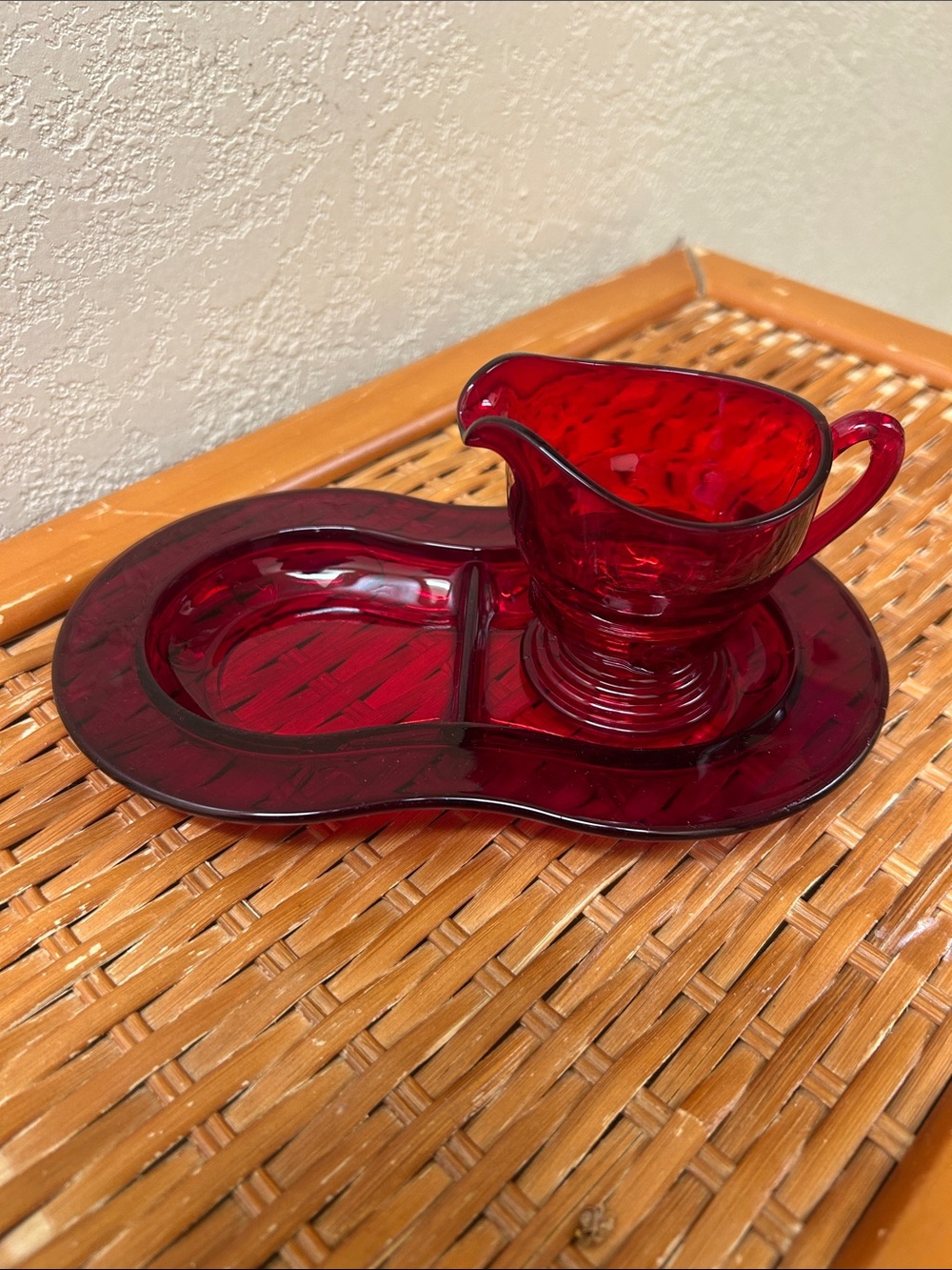 Ruby Red Moondrops Depression Glass Divided tray and creamer